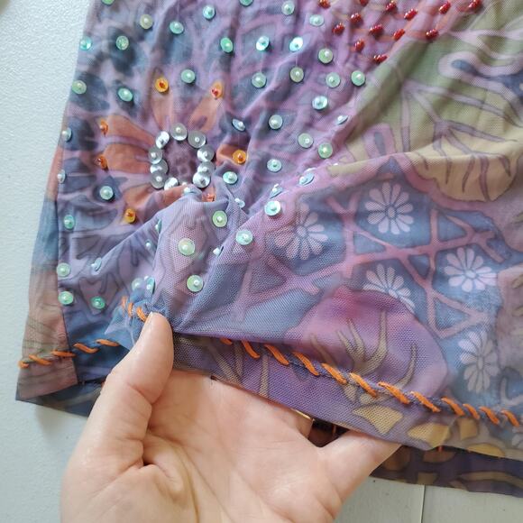 Y2K Whimsigoth Fairy Grunge Shirt Large Rainbow Sheer Floral Beaded Sequin - Picture 5 of 8